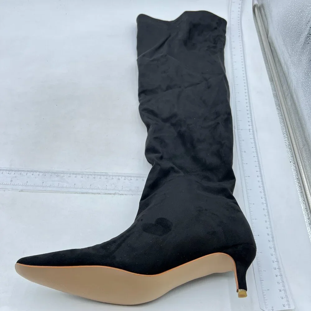 Black Suede Comfortable Low Heel Pull on Stylish Knee High Boots Square Toe Boot